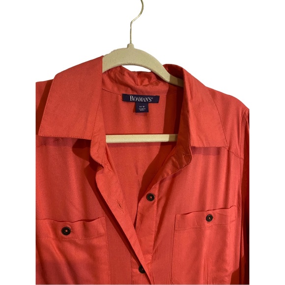 Roaman’s coral button-up shirt dress with roll tab sleeves plus size 14 - Picture 2 of 3